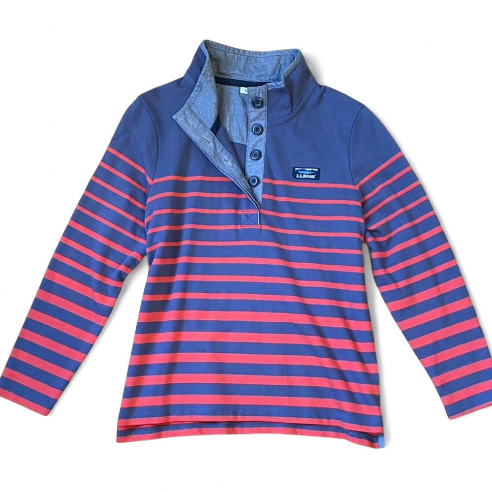 ⛺️ L.L. BEAN Red & Blue Rugby Stripe Henley Cotton Shirt size M petite